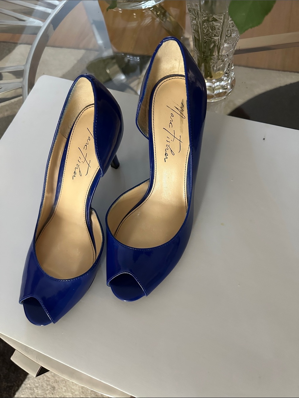 Marc Fisher Cobalt Blue Patent Peep-Toe Pumps
